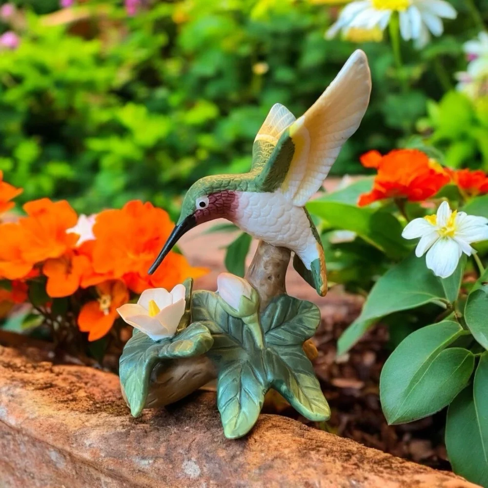Vintage Porcelain Ruby-Throated Hummingbird Flower Figurine